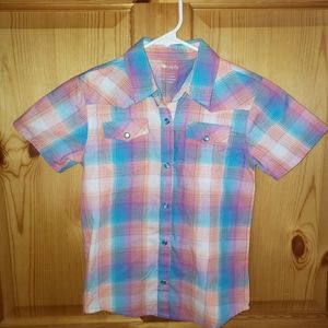 Nwot Wrangler shirt girls size 6 pink blue plaid shiny snap buttons